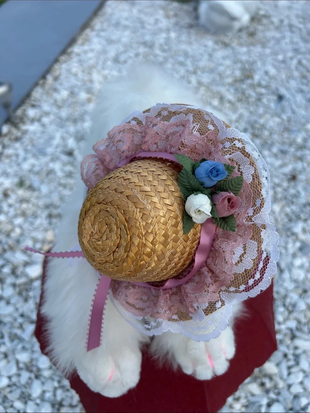 White Plush Cat Toy with Pink Ribbon and Floral Hat